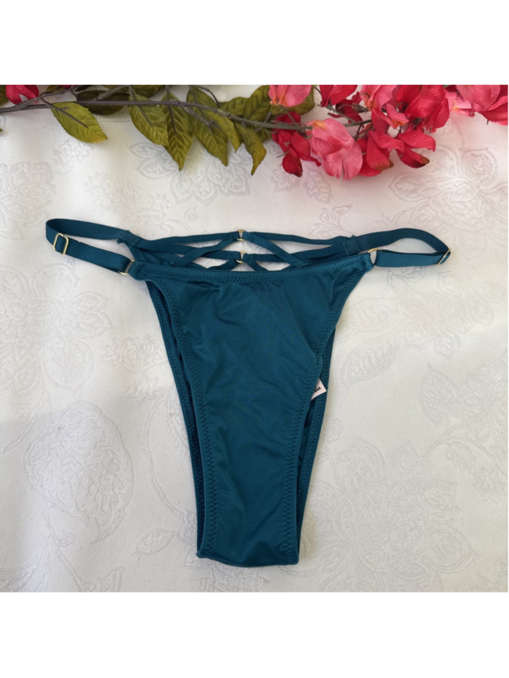 VICTORIA'S SECRET XS SILKY TEAL BLUE LACE BRAZILIAN STRAPPY THONG PANTIES NWT